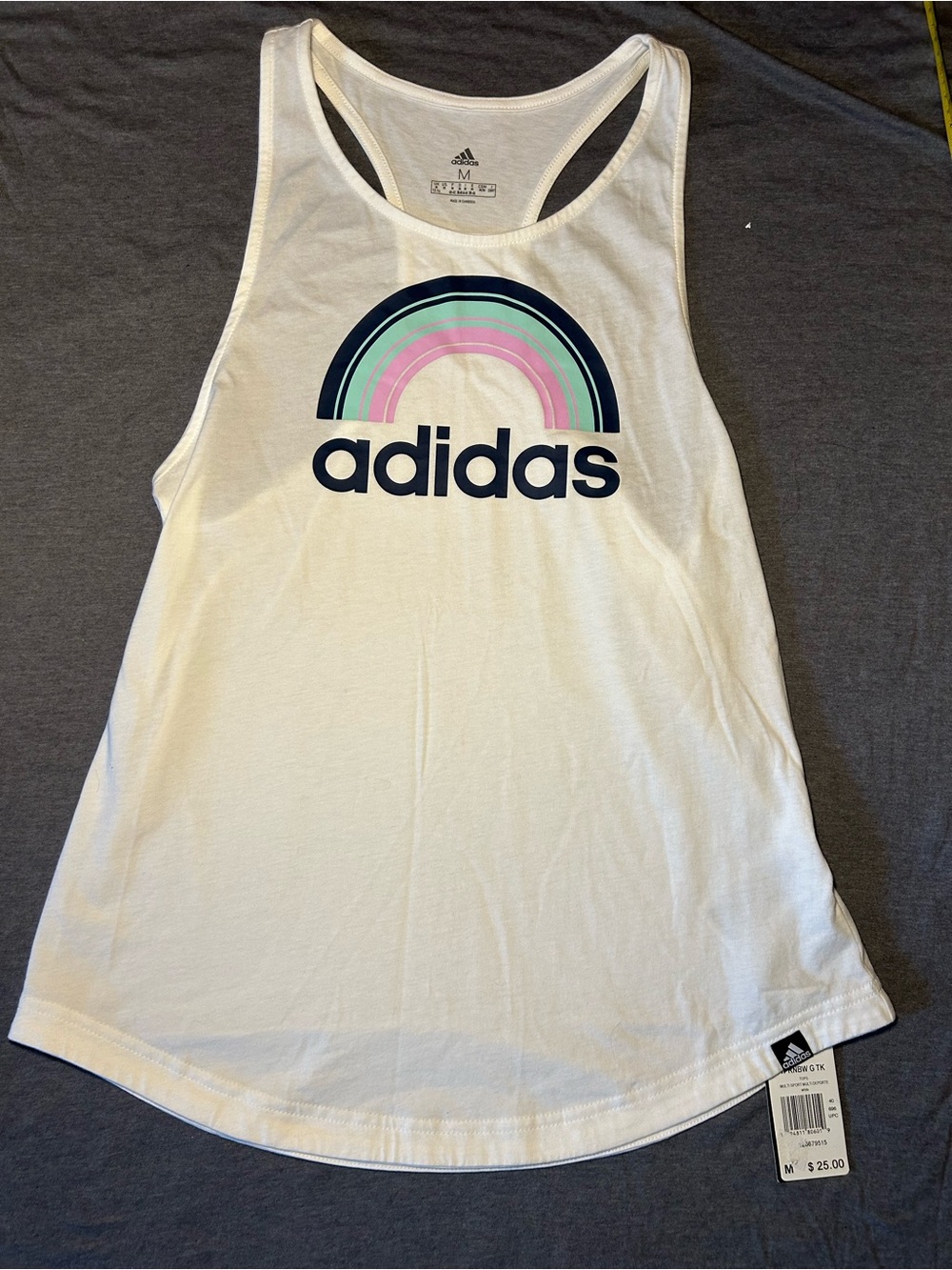 adidas White Womens Tank Top with Pastel Rainbow Logo